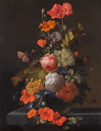 Still life of roses, poppies, morning glories, nasturtiums and other flowers with ants in a glass vase