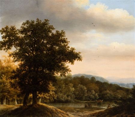 A wooded landscape with anglers by a lake