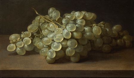 Still life of a bunch of white grapes on a ledge