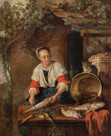 A maid cleaning fish outside a house