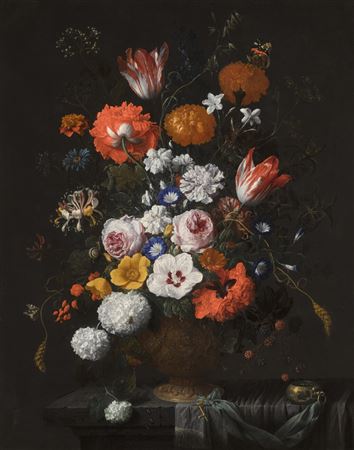 Still life of flowers in a terracotta vase, including roses, parrot tulips, morning glory, carnations, snowball, aster, marigold, larkspur and opium poppy, on a partly draped stone ledge with a watch