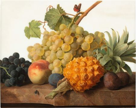 Still life with a pineapple, grapes, plums and a peach with a butterfly and fly, all upon a marble ledge