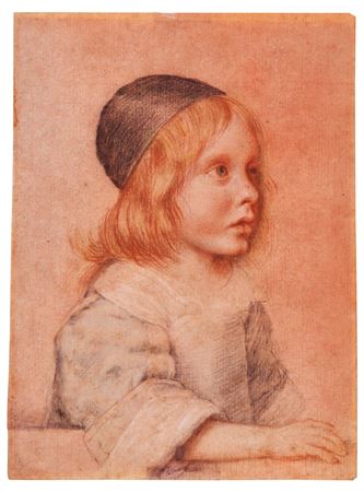 Portrait of a young boy with auburn hair and a black hat