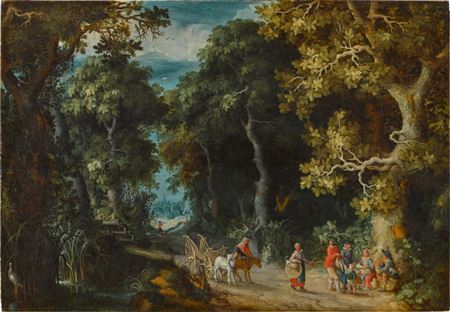 A wooded landscape with travellers and peasants on a path by a pond, a town in the distance