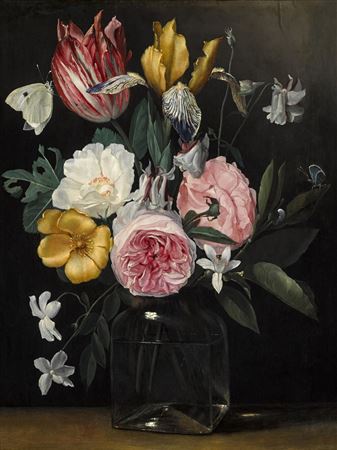 Still life of roses, tulips, an iris, Spanish jasmine and other flowers in a glass vase with butterflies