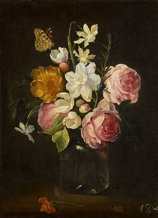Still life of roses, daffodils, rosemary and other flowers in a glass vase with a butterfly and beetle