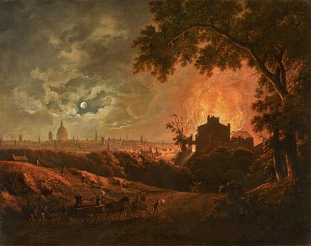 London, a view of St Paul's and the City with a cottage on fire in the foreground
