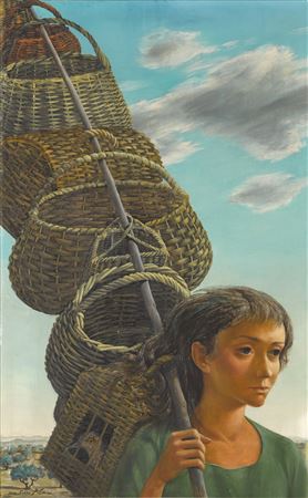 Sample artwork by Jean Pierre Alaux (1925 - 2020), known for surrealist, symbolist  landscapes, female portraits and figures - View similar artists and auction records