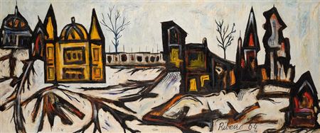 Sample artwork by Lancelot (Lance) Ribeiro (1933 - 2010), known for abstract, cartoon-motif structures, still life, heads and figurative painting - View similar artists and auction records