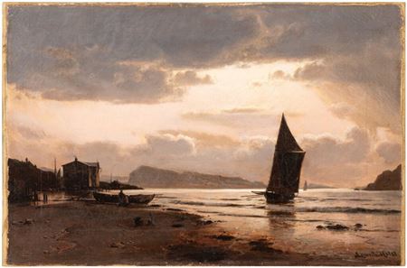 Sailboat on a lake in a pink sunset