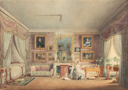View of Duchesse de Berry's bedroom in the Pavillion de Marsan | Chambre à coucher de la duchesse de Berry au Pavillon de Marsan by Ambroise Louis Garneray - Auction record, sale price, and art valuation. Compare with similar artists and explore comparable artworks.