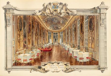 Dinner on 31 May 1951 in the Galerie d'Hercule of the Hôtel Lambert, view of the Galerie and list of the guests by Aleksandr Serebriakov - Auction record, sale price, and art valuation. Compare with similar artists and explore comparable artworks.