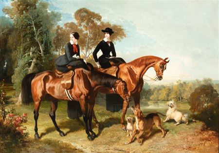 Lady Alice and Lady Blanche Egerton with three dogs
