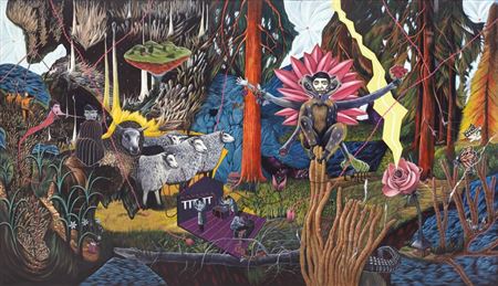 Sample artwork by Rodel Tapaya (Born 1980), known for narrative painting, contemporary issues, elaborate patterning - View similar artists and auction records