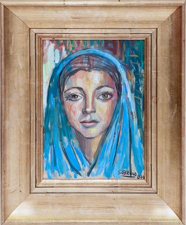 PORTRAIT OF YOUNG MAN WITH BLUE CLOAK COVERING HIS HEAD