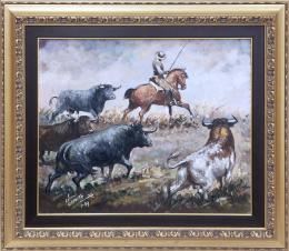 REJONEADOR WALKING THROUGH THE PASTURE WITH FIGHTING BULLS by Jose Lopez Canito - Auction record, sale price, and art valuation. Compare with similar artists and explore comparable artworks.