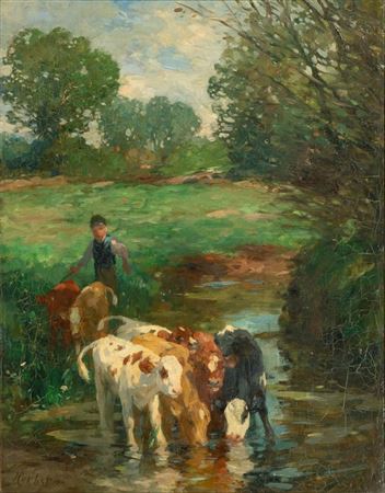 CALVES BY THE WATERING PLACE