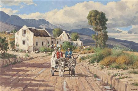 THREE FIGURES TRAVELLING ON A DONKEY CART