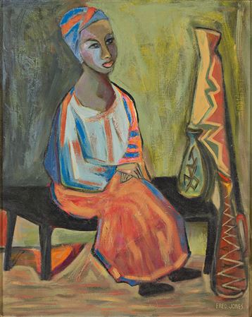 Seated Woman in African Dress with Sculpture.