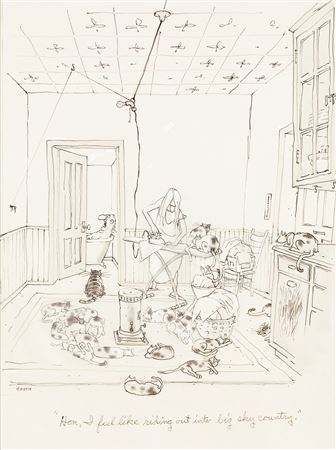 "Hon, I feel like riding out into the big sky country." by George Booth - Auction record, sale price, and art valuation. Compare with similar artists and explore comparable artworks.