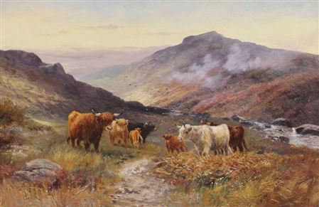 Highland cattle beside a stream