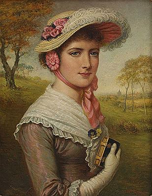 Portrait of a young lady in a bonnet with pink ribbons and white feather, in a landscape by William Lucas - Auction record, sale price, and art valuation. Compare with similar artists and explore comparable artworks.