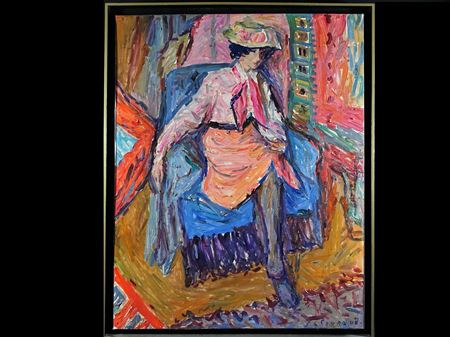 Woman with a hat in a blue armchair by Emile Sabouraud - Auction record, sale price, and art valuation. Compare with similar artists and explore comparable artworks.