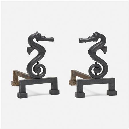 Rare seahorse andirons, pair