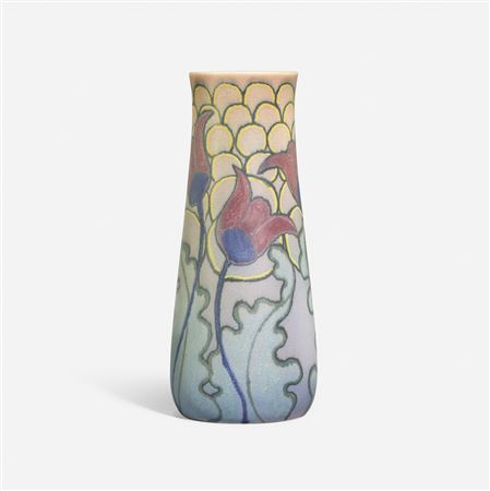 Decorated Mat/Double Vellum vase with stylized tulips