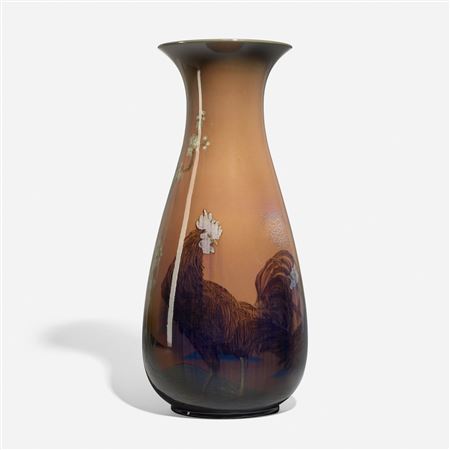Monumental Black Opal vase with rooster and hen under a blooming cherry tree