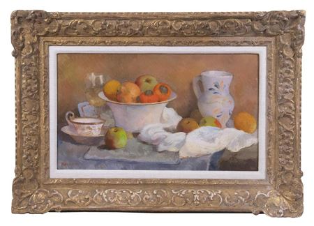 Tabletop Still Life of Fruit in Bowl, teacup, wine glass and painted pottery pitcher