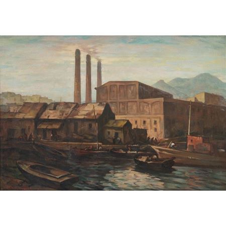 Paesaggio portuale con barche - 1966