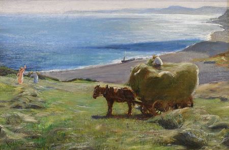Loaded hay wagon and haymaking before a sun drenched coast