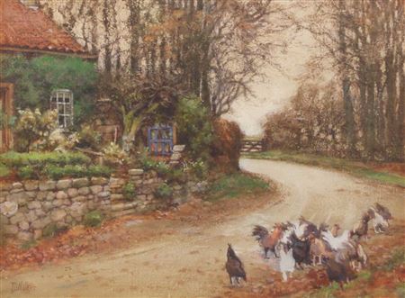 Chickens grazing before a cottage