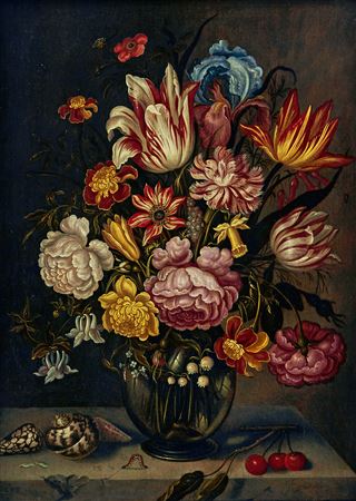 Still life with flowers in a vase, with shells, cherries, a spider and a caterpillar on a stone plinth