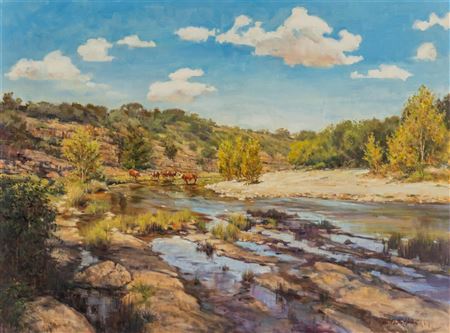 Texas creek with longhorns