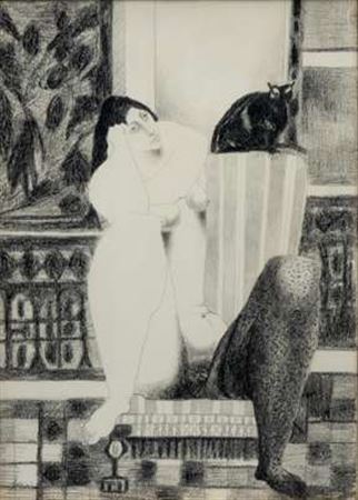 Nude woman with black cat