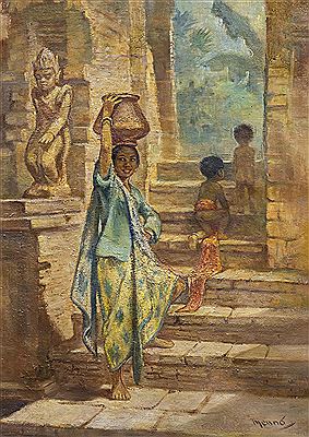 An Indonesian lady and children on the temple stairs