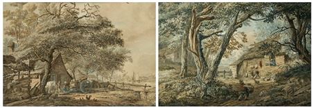 I. Harnessing the horse in the barnyard; II. Chickens on a farmyard in a wooded landscape