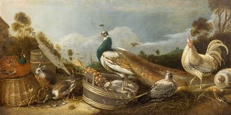 A composition with a peacock, a rooster, hens, a pheasant, a hoopoe, a duck and rabbits