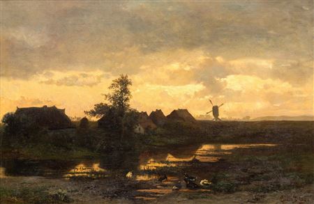 Sitting ducks by a pool near farmhouses at sunset