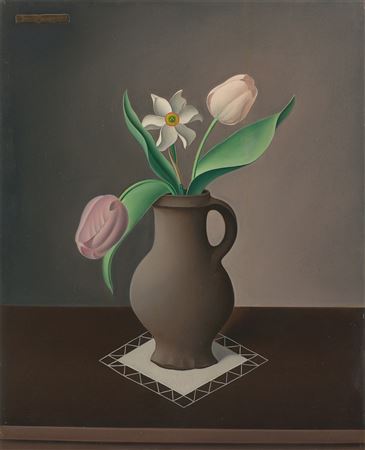 Tulips and narcissus in clay jug. Circa 1925