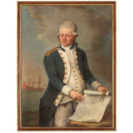 Ritratto del capitano Budinich con la carta nautica dell'America (1781)