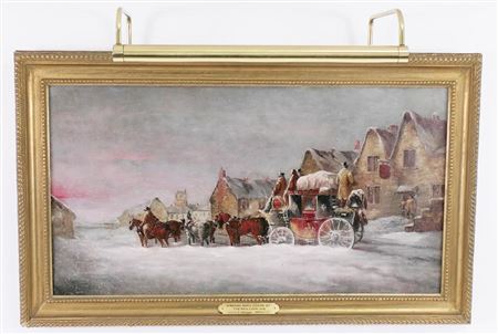 English snow scene with horses and carriage at the Red Lion Inn of Barnet (London).