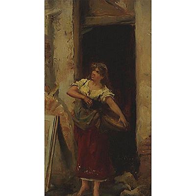 YOUNG COUNTRY GIRL AT THE DOOR by José Oliva Rodrigo - Auction record, sale price, and art valuation. Compare with similar artists and explore comparable artworks.