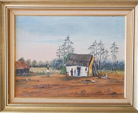 Rural African American farm scene in the lowcountry with cabin and farmland in distance