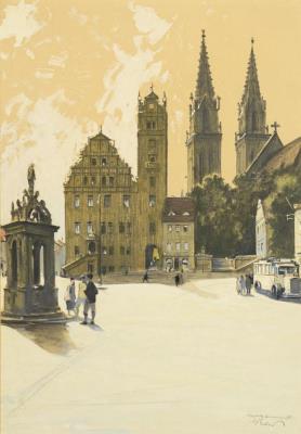 Depiction of the Neumarkt with town hall and St. Aegidien church in Oschatz