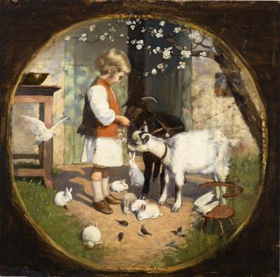 Child with goats and rabbits