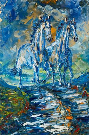 Sample artwork by Liam O'Neill (Born 1954), known for realistic paintings of west kerry's daily life, especially horses and horse fairs. - View similar artists and auction records