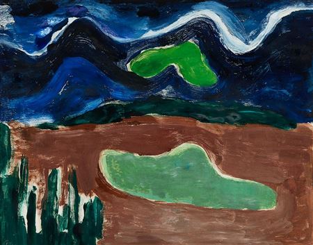 LANDSCAPE WITH LAKE AND HILLS, 1964 by Dairine Vanston - Auction record, sale price, and art valuation. Compare with similar artists and explore comparable artworks.